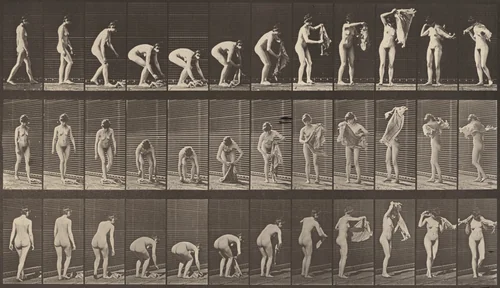 Plate Number 227. Lifting a cloth from the ground, placing it around shoulder and turning by Eadweard Muybridge, photograph, 1887