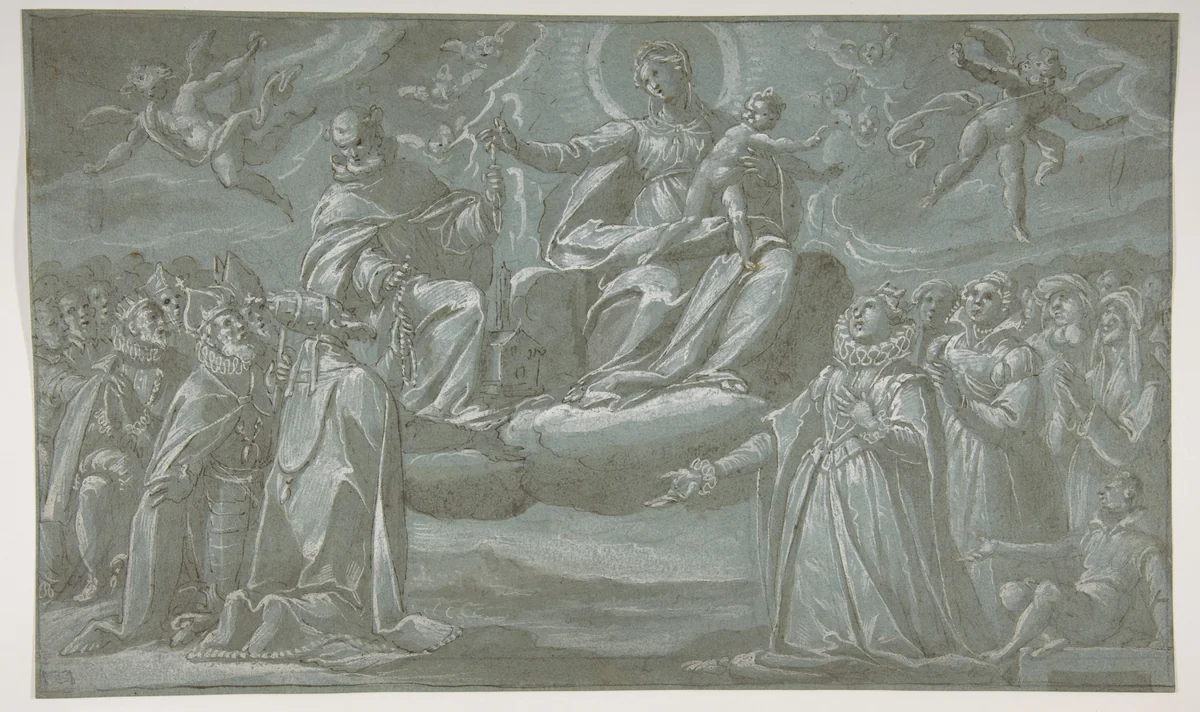 The Virgin and Child, Saint Dominic, and Angels Distributing Chaplets to the Faithful by Giovanni Mauro della Rovere, drawing, 1575-1640