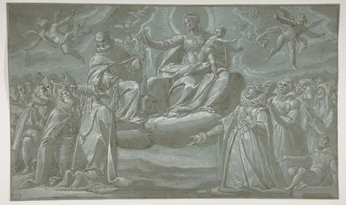 The Virgin and Child, Saint Dominic, and Angels Distributing Chaplets to the Faithful by Giovanni Mauro della Rovere, drawing, 1575-1640
