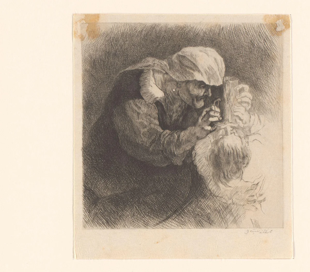 Oude vrouw voedt een kind met een fles by Auguste Danse, print, 1839-1909
