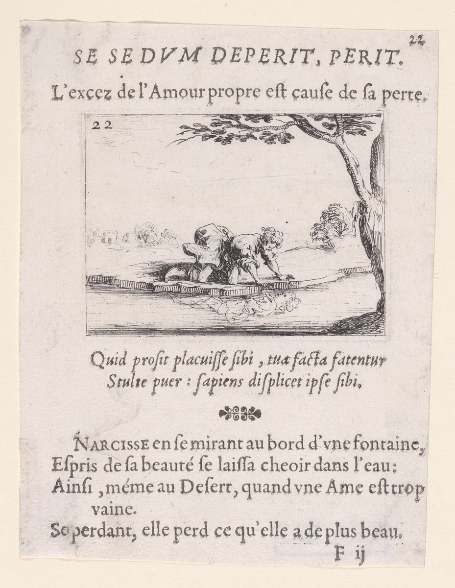 Narcisse se Mirant dans l'Eau (Narcissus Looking at Himself in the Water), plate 22 from "Lux Claustri ou La Lumière du Cloitre" (The Light of the Cloisters) by Jacques Callot, print, 1621-1635