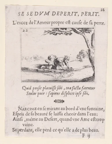 Narcisse se Mirant dans l'Eau (Narcissus Looking at Himself in the Water), plate 22 from "Lux Claustri ou La Lumière du Cloitre" (The Light of the Cloisters) by Jacques Callot, print, 1621-1635