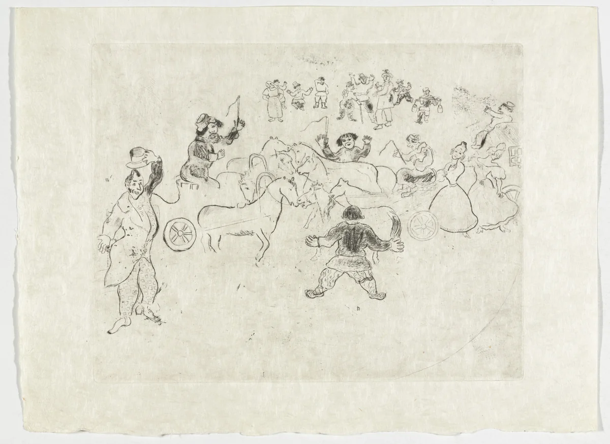 Collision on the Road (Collusion en chemin), plate XXVII (supplementary suite) from Les Âmes mortes by Marc Chagall, illustrated book, 1923