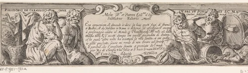 Titelprent met cartouche geflankeerd door wapens en vier mannen, waarvan drie geboeid (krijgsgevangenen of slaafgemaakten) by Unknown, print, 1583-1638