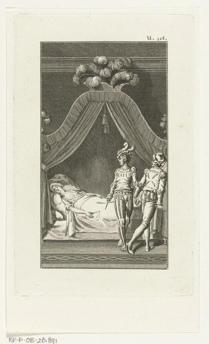 Vrouw ligt dood op bed en twee mannen lopen weg by Leendert Brasser, print, 1727-1793