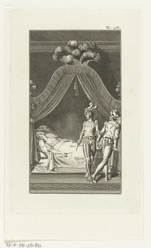 Vrouw ligt dood op bed en twee mannen lopen weg by Leendert Brasser, print, 1727-1793