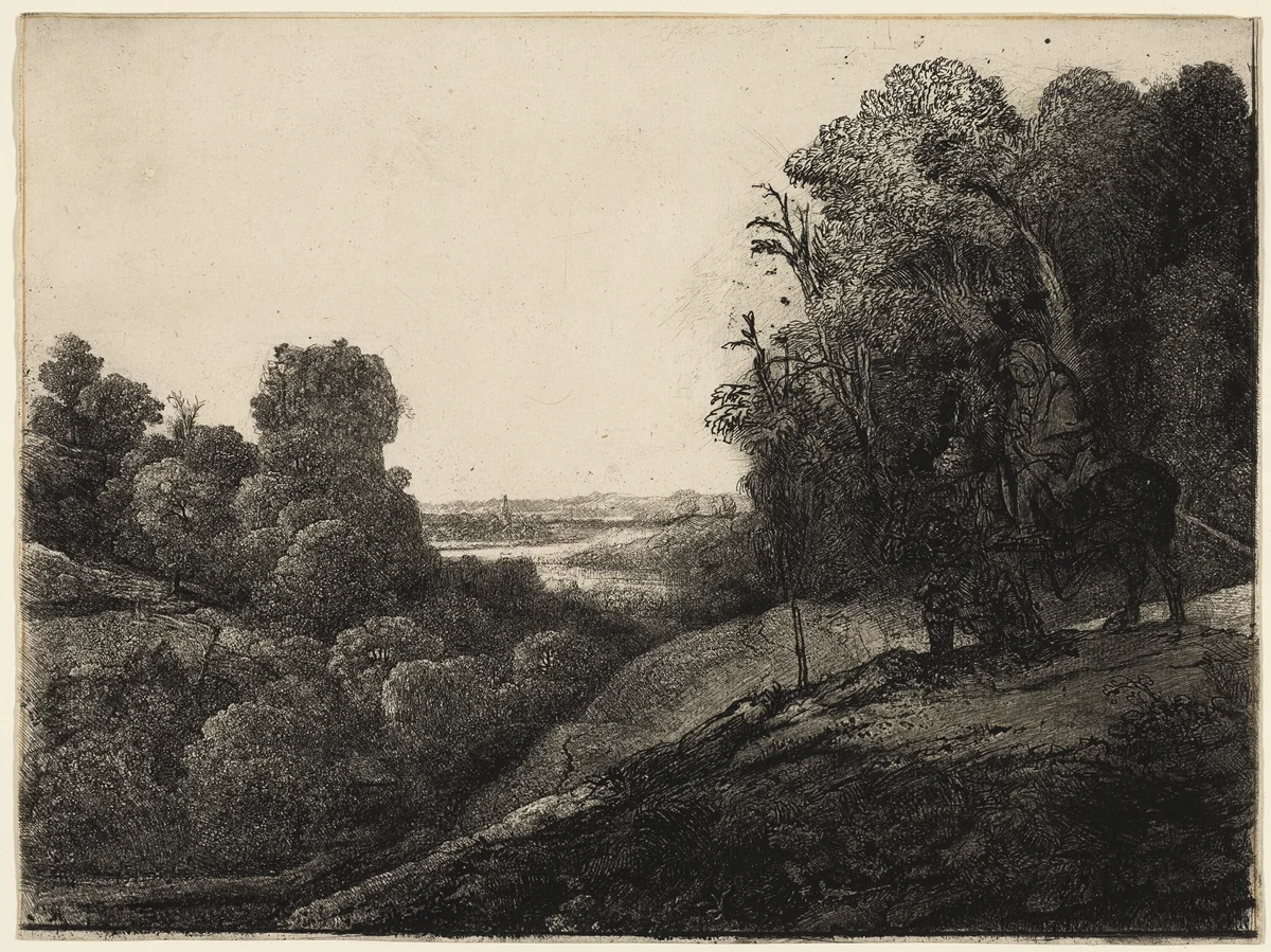 The Flight into Egypt: Altered from Seghers by Rembrandt van Rijn, print, 1647-1657