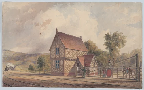 Tudor Style Rural Train Station and Railroad Crossing by John Connell Ogle, drawing, 1844-1877