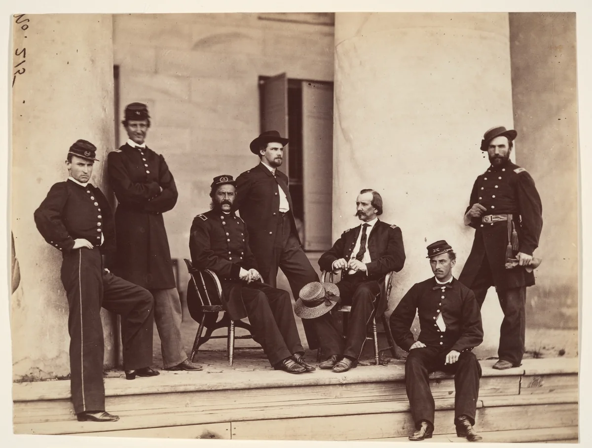 Brigadier General Gustavus A. DeRussy and Staff on Steps of Arlington House, Arlington, Virginia by Alexander Gardner, photograph, 1864