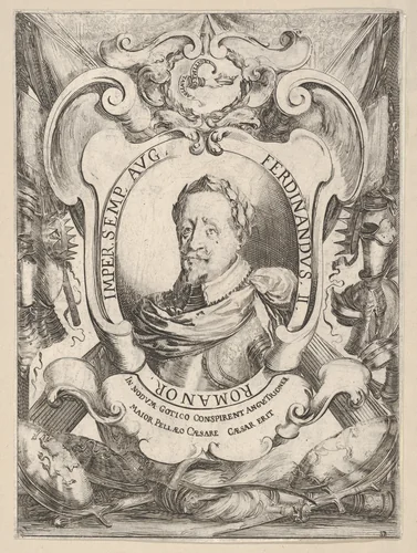 A mid-bust portrait of Emperor Ferdinand II, within an oval frame, surrounded by armor by Stefano della Bella, print, 1632-1642