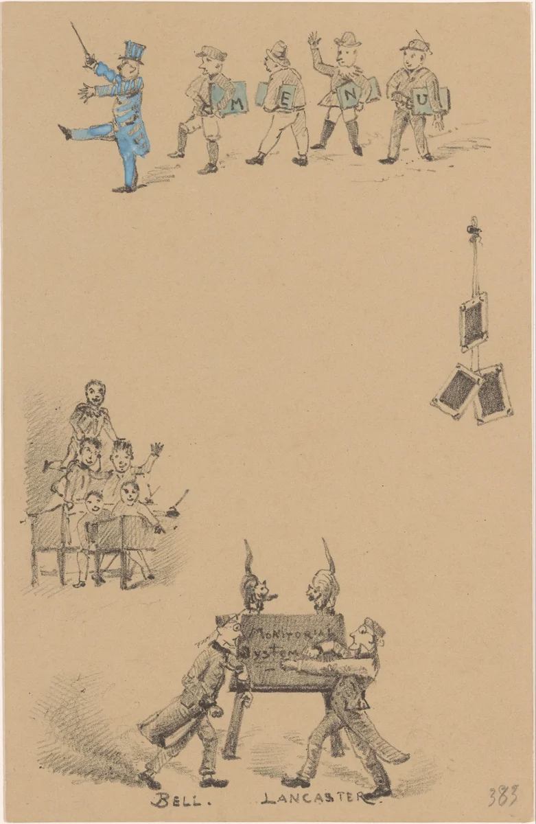 Menukaart met onderwijzers en leerlingen by Theo van Hoytema, print, 1878-1917