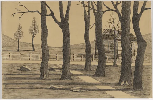 Trees and Shack by Emile Branchard, drawing, 1925