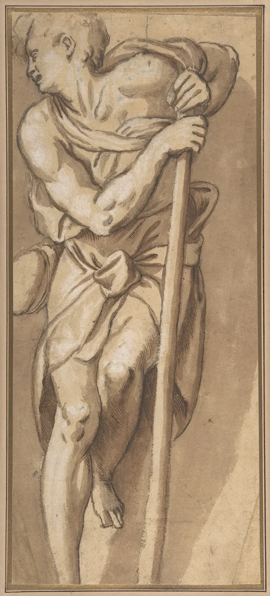 A Man Resting on a Staff by Paolo Farinati, drawing, 1535-1606