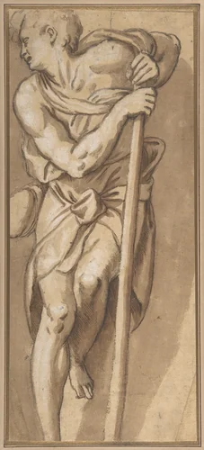 A Man Resting on a Staff by Paolo Farinati, drawing, 1535-1606