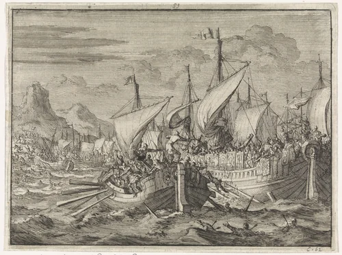 Schepen der Joden op het meer Gennezaret overwonnen door de Romeinse vloot by Jan Luyken, print, 1704