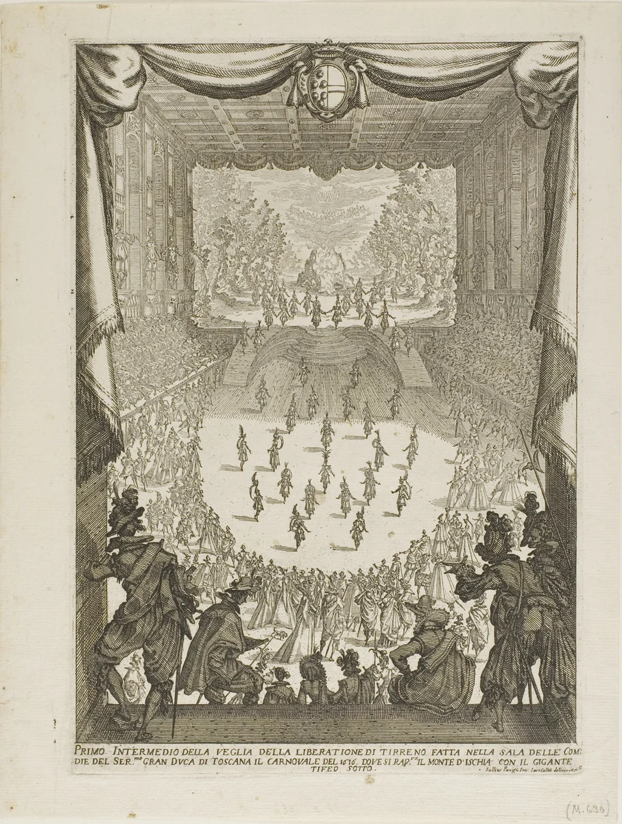 First Intermezzo of the Veglia of the“Liberation of Tyrsenus and Arnea" by Jacques Callot, print, 1617