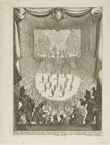 First Intermezzo of the Veglia of the“Liberation of Tyrsenus and Arnea" by Jacques Callot, print, 1617