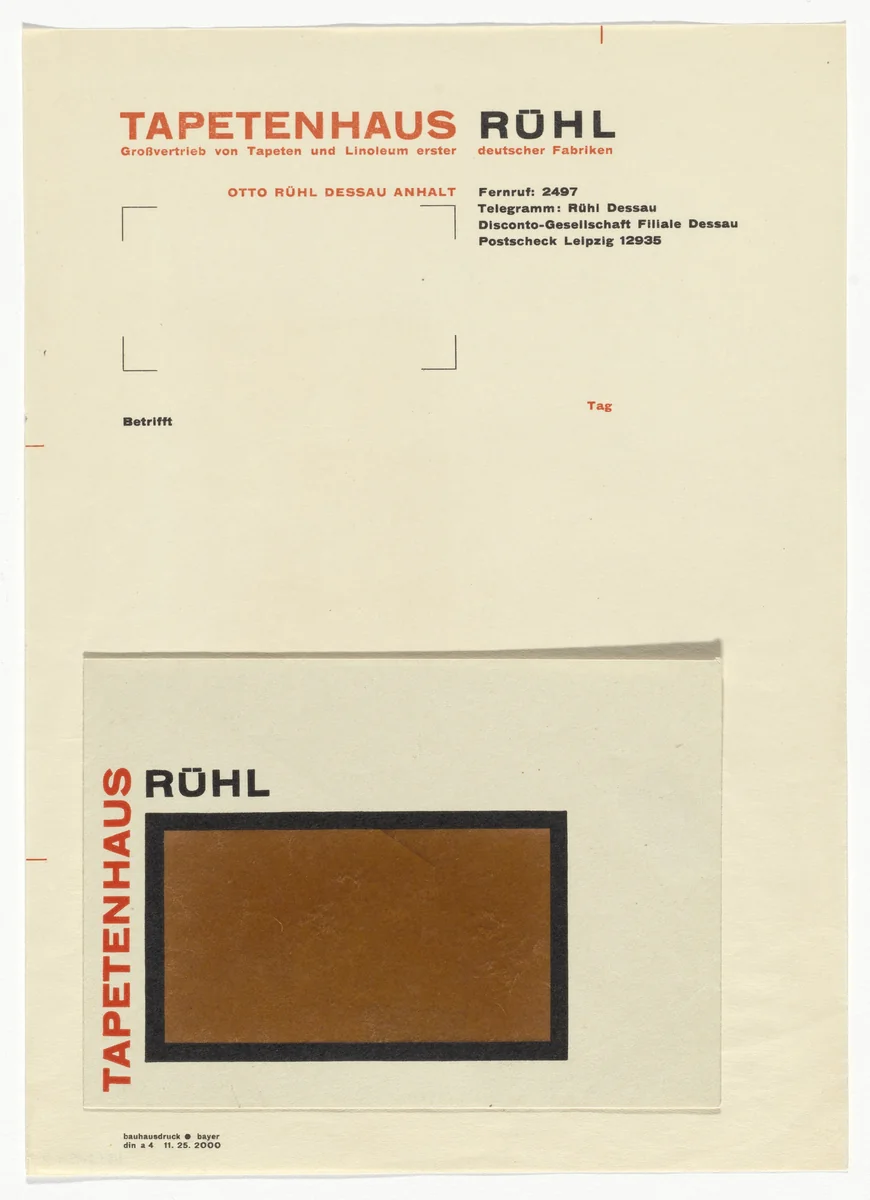 Tapetenhaus Rühl letterhead and stationery envelope by Herbert Bayer, design, 1925
