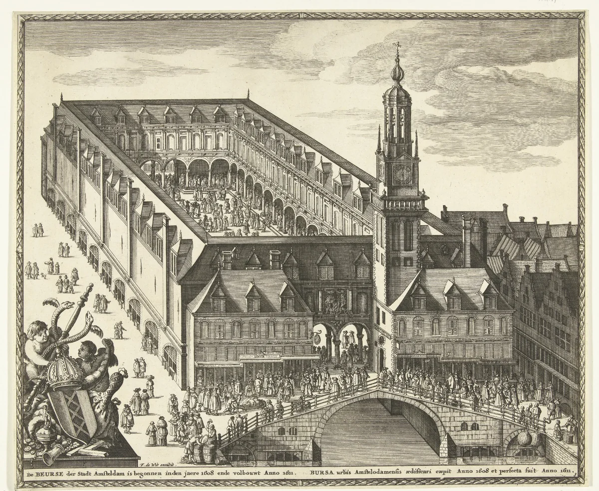 Vogelvluchtgezicht op de Beurs van Hendrik de Keyser te Amsterdam, voor 1668 by anonymous, print, 1662-1668