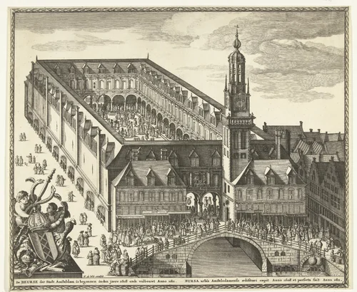 Vogelvluchtgezicht op de Beurs van Hendrik de Keyser te Amsterdam, voor 1668 by anonymous, print, 1662-1668