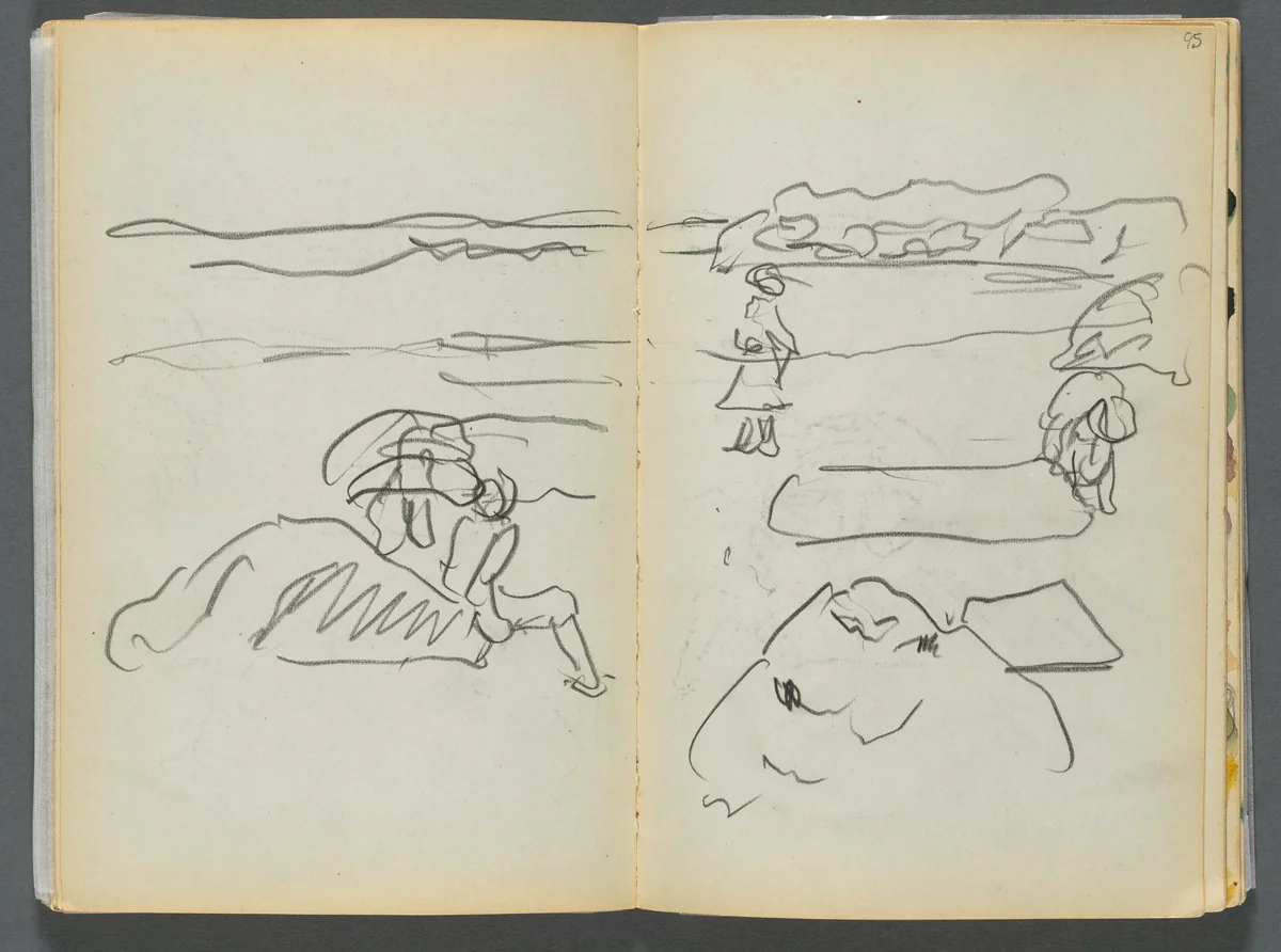 Sketchbook- The Granite Shore Hotel, Rockport, page 094 & 95: Beach View with Figures by Maurice Prendergast, book, 1905-1910