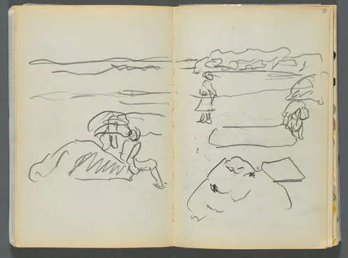 Sketchbook- The Granite Shore Hotel, Rockport, page 094 & 95: Beach View with Figures by Maurice Prendergast, book, 1905-1910