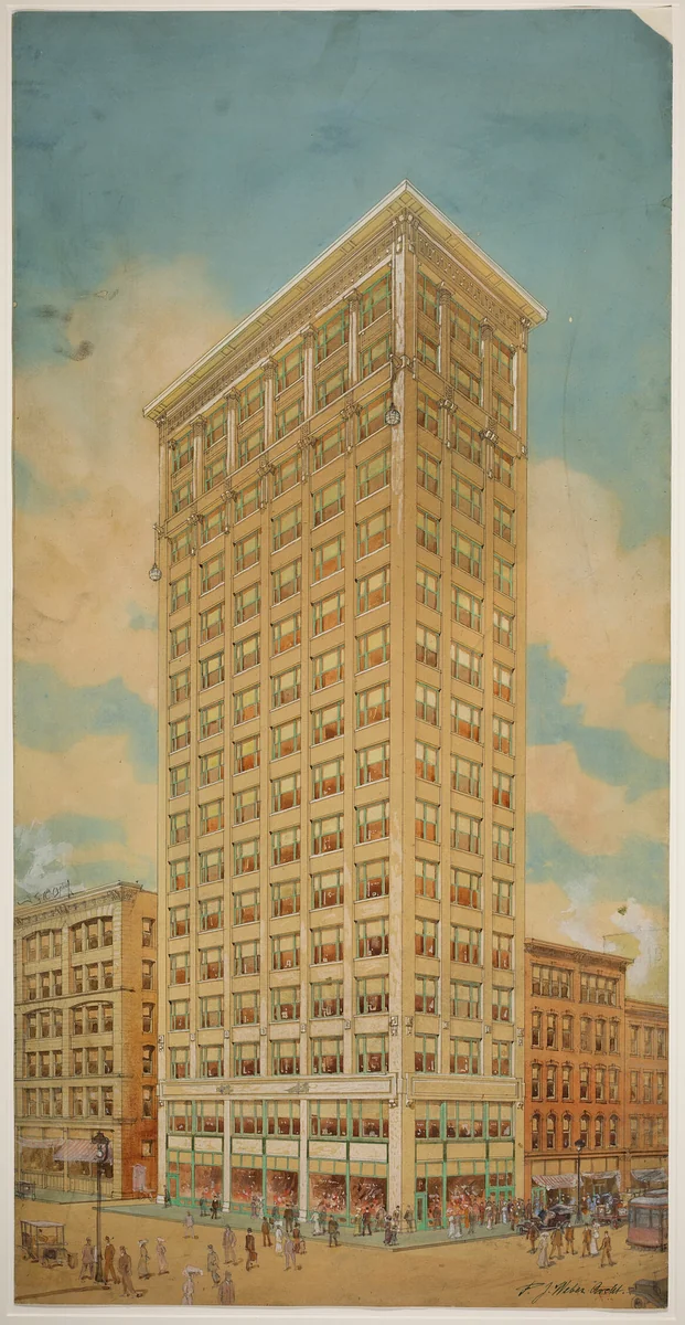 Prairie School Skyscraper, Chicago, Illinois, Perspective by Peter J. Weber, drawing, 1910