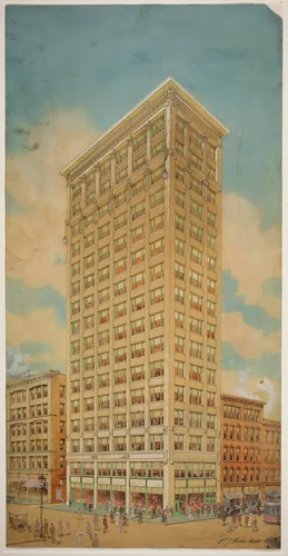 Prairie School Skyscraper, Chicago, Illinois, Perspective by Peter J. Weber, drawing, 1910