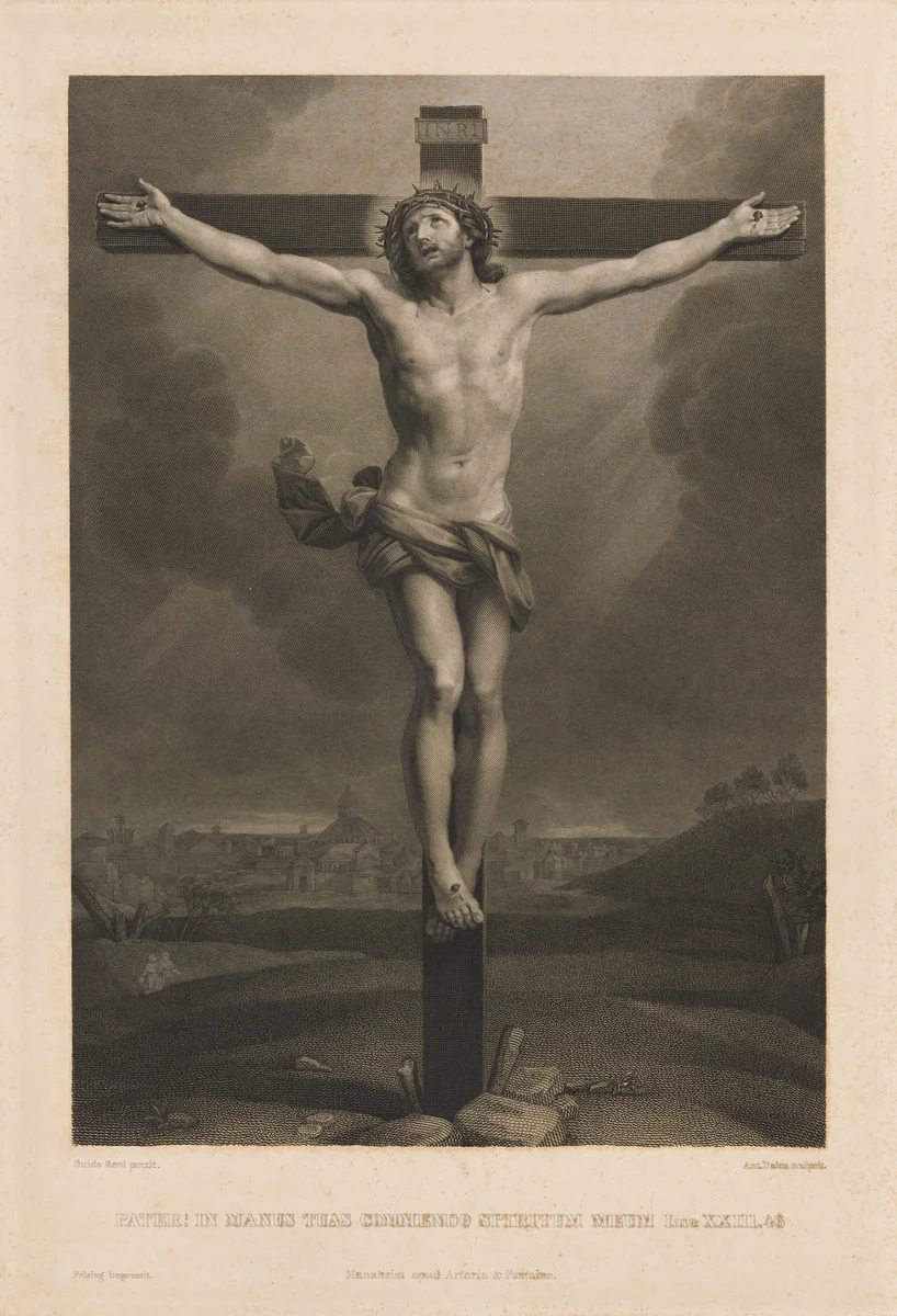 Christ on the cross, a town in the background, after Reni by Antonio Dalco, print, 1850-1888