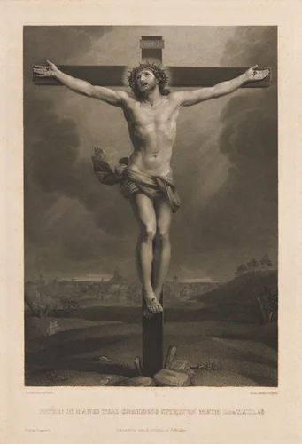 Christ on the cross, a town in the background, after Reni by Antonio Dalco, print, 1850-1888