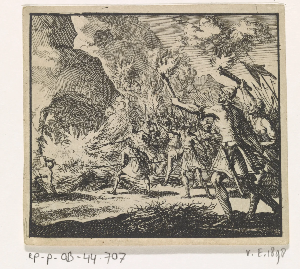 Krijgslieden van Antiochus Epiphanes gaan te keer op de sabbat by Jan Luyken, print, 1698