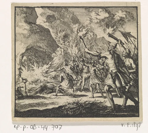 Krijgslieden van Antiochus Epiphanes gaan te keer op de sabbat by Jan Luyken, print, 1698