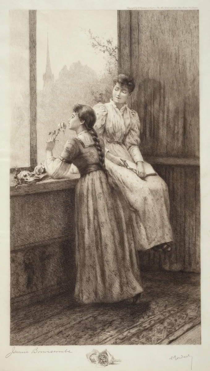 Untitled (Two Girls at a Window) by Jennie Augusta Brownscombe, print, 1890-1899