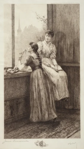 Untitled (Two Girls at a Window) by Jennie Augusta Brownscombe, print, 1890-1899