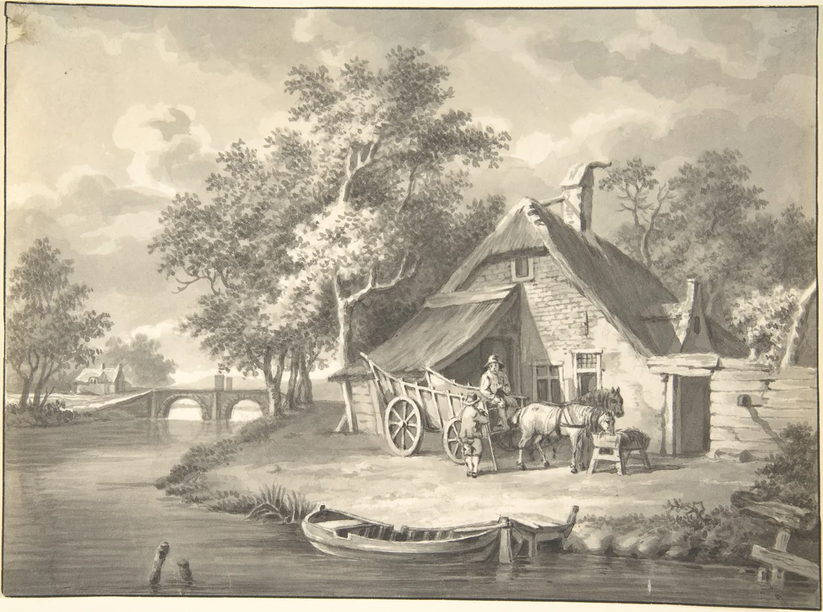 A Haywagon In front of a Cottage Beside a Stream by anonymous, drawing, 1800-1850