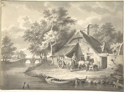 A Haywagon In front of a Cottage Beside a Stream by anonymous, drawing, 1800-1850