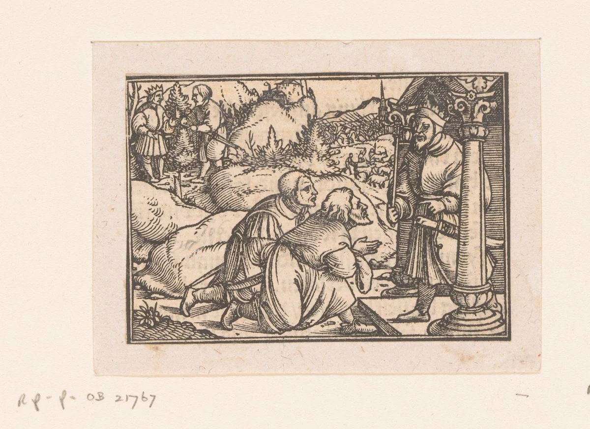 Twee mannen knielen voor een koning by anonymous, print, 1522