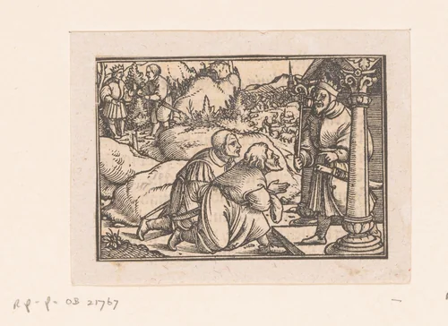 Twee mannen knielen voor een koning by anonymous, print, 1522