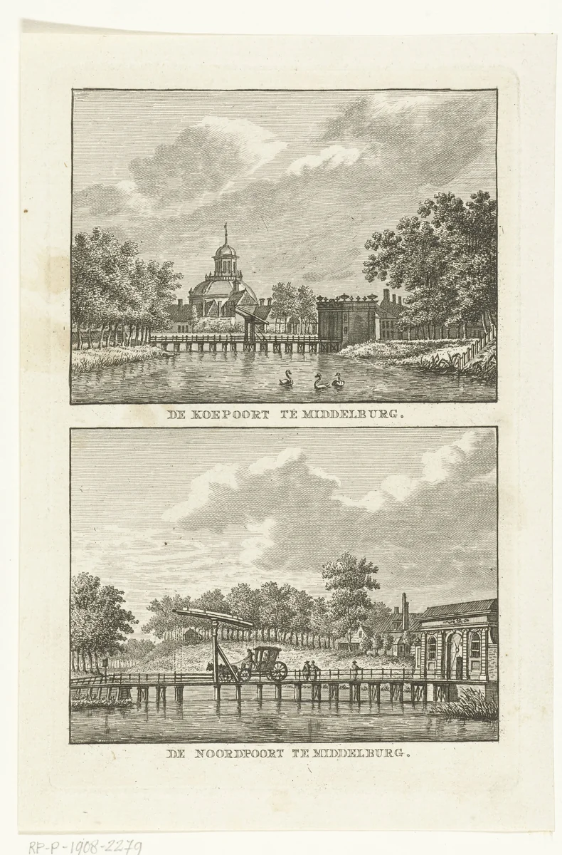 Twee stadgezichten te Middelburg: Koepoort en Noordpoort by Carel Frederik Bendorp, print, 1786-1792
