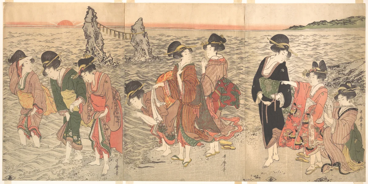 Women Worshipping the Rising Sun between the Twin Rocks at Ise by Kitagawa Utamaro (喜多川歌麿), print, 1754-1806