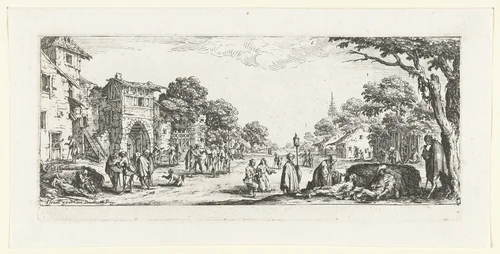 Bedelaars en stervenden langs de weg by Jacques Callot, print, 1633