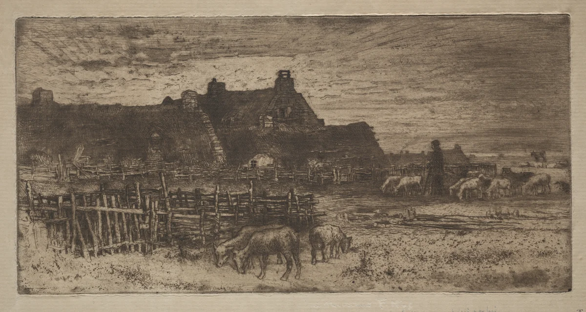 Sheepfold: Sunset by Félix Hilaire Buhot, print, 1881