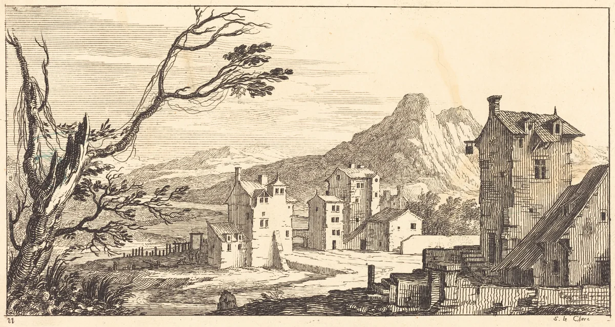 Landscape with Houses by Sébastien Le Clerc, print, 1673