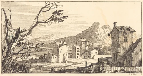 Landscape with Houses by Sébastien Le Clerc, print, 1673
