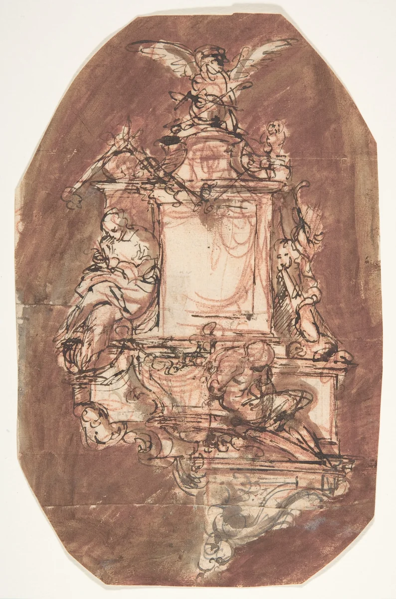 Design for a sepulchral monument (recto); Fragment of a letter and notes (verso) by Pieter Verbruggen, drawing, 1686-1724