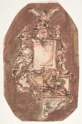 Design for a sepulchral monument (recto); Fragment of a letter and notes (verso) by Pieter Verbruggen, drawing, 1686-1724