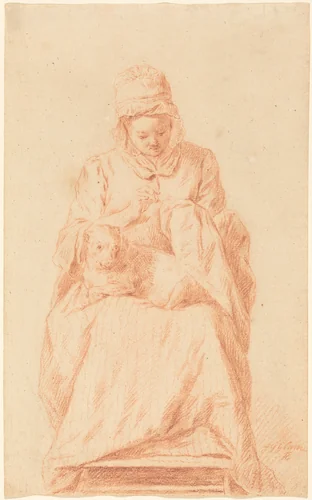 Young Woman Sewing with a Dog Resting on Her Lap by Johann Gottlieb Glume, drawing, 1750