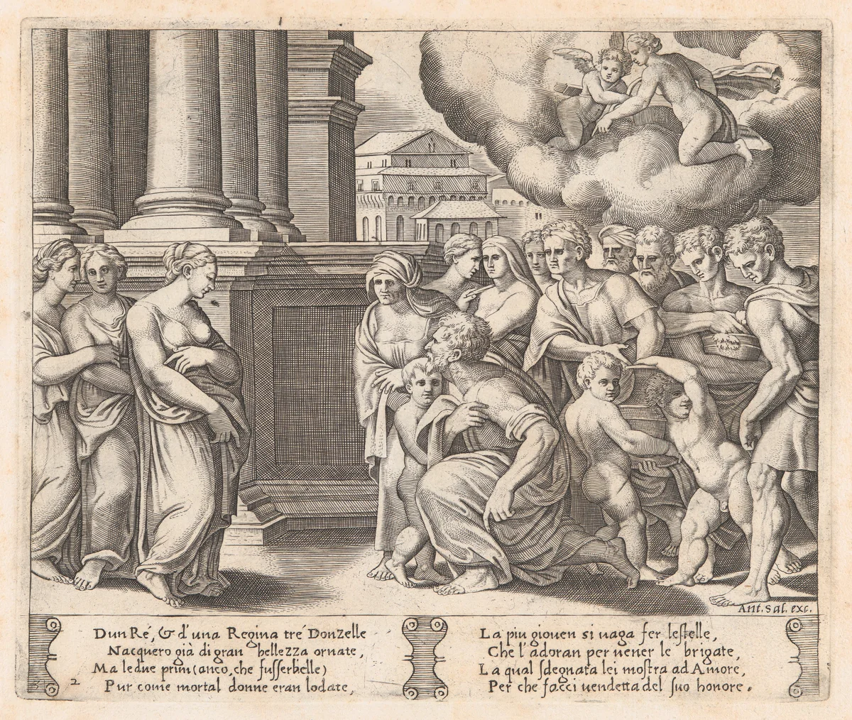 Plate 2: People rendering divine honors to Psyche, from "The Story of Cupid and Psyche as told by Apuleius" by Master of the Die, print, 1530-1560