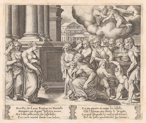 Plate 2: People rendering divine honors to Psyche, from "The Story of Cupid and Psyche as told by Apuleius" by Master of the Die, print, 1530-1560