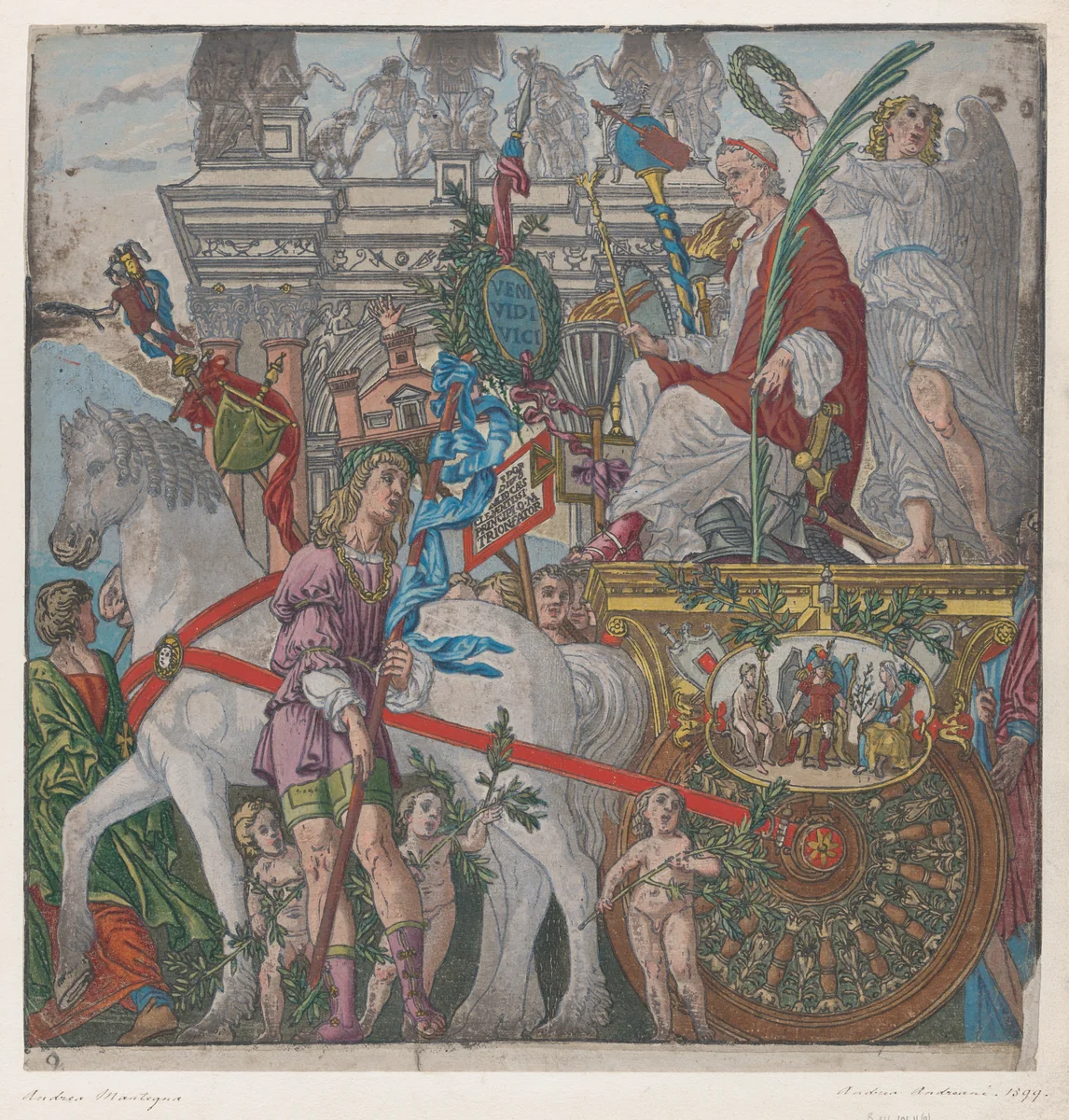 Sheet 9: Julius Caesar in his horse-drawn chariot, from "The Triumph of Julius Caesar" by Andrea Andreani, print, 1599